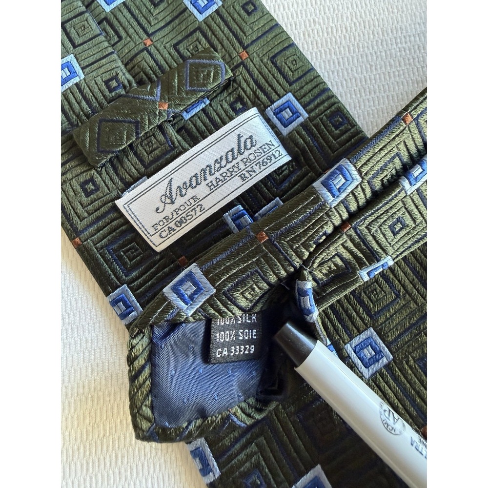 Avanzata Harry Rosen	Green Blue Square Geometric Woven Jacquard Silk Tie Wide 4"